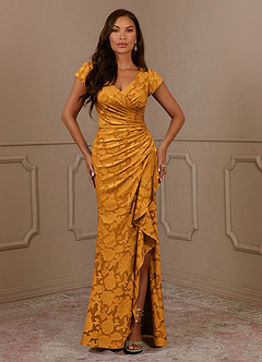 Azazie Roya Mother of the Bride Dresses Butterscotch Mermaid Ruched Floral Burnout Dress image2