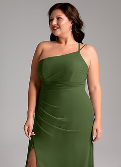 Azazie Eren Robes de demoiselle d'honneur Robe Fourreau en Mousseline de soie Ue épaule Olive image13