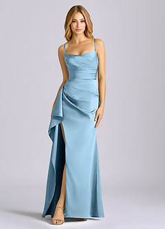 Azazie Sarai Bridesmaid Dresses Steel Blue Sheath Corset Stretch Satin Dress image3