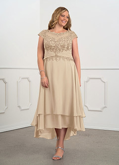 Azazie Shonda At-home Try On Dresses Champagne Lace Chiffon Dress image8