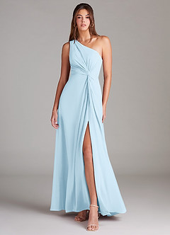 Azazie Brooke 신부 들러리 드레스 A라인 한쪽 어깨 쉬폰 바닥 길이 드레스 image1