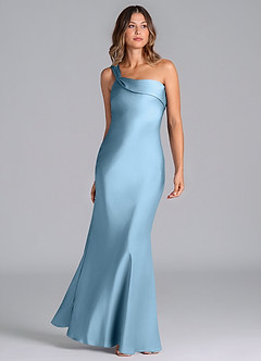 Azazie Driea Vestidos de damas de honor Vestido de Azul Acero de Satén Elástico de Corte Sirena con Hombro unilateral image3