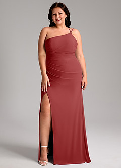 Azazie Eren Robes de demoiselle d'honneur Robe Fourreau en Mousseline de soie Ue épaule Rouille image10