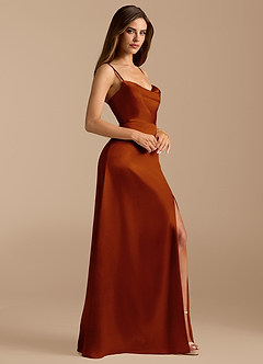 Azazie Erma At-home Try On Dresses Bronzer A-Line Side Slit Metallic Satin Dress image6