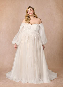 Azazie Airellie Hochzeitskleider A-Linie Schulterfrei Tüll Kleid Diamantweiß Nude image11