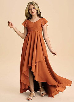 Azazie Caria Junior Robe Trapèze en Mousseline de soie Plissée Cannelle image1