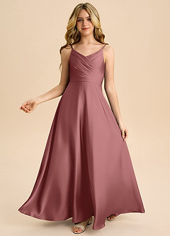 Azazie Bug Junior A-Line Plisseret Stræk satin Gulv-længde Junior brudepige Kjole image2