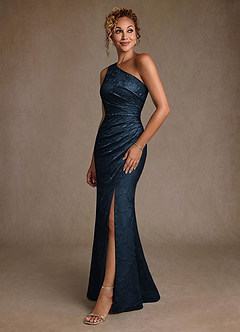 Azazie Joylin Mother of the Bride Dresses Dark Navy Trumpet One Shoulder Floral Burnout Dress image3