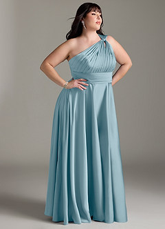 Azazie Charlize Bridesmaid Dresses Moody Blue A-Line One Shoulder Stretch Satin Dress image12