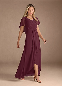 Azazie Eliza Mère de la mariée Robes Robe Trapèze en Mousseline de soie Col V plissé Cabernet image2