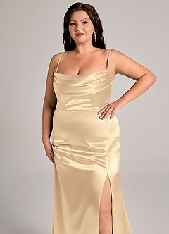 Azazie Saige Robes de demoiselle d'honneur Robe Fourreau Convertible en Satiné métallisé Épaule décolletée Or image15