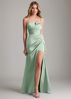 Azazie Danelle At-home Try On Dresses Agave Sheath Pleated Stretch Satin Dress image5