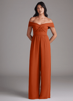 Azazie Lamara Robes de demoiselle d'honneur Combinaison Convertible en Mousseline de soie Épaule décolletée Orange Brûlée image3