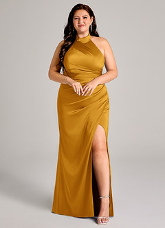 Azazie Jemma Bridesmaid Dresses Butterscotch Sheath Pleated Stretch Satin Dress image7