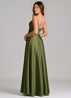 Azazie Amani Bridesmaid Dresses Olive A-Line Pleated Stretch Satin Dress image2
