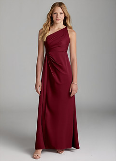 Azazie Mika Junior Robe Trapèze en Satin extensible Plissée Bourgogne image3