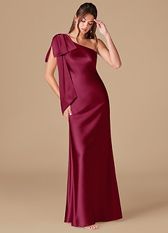 Azazie Capri Bridesmaid Dresses Burgundy Sheath One Shoulder Metallic Satin Dress image1