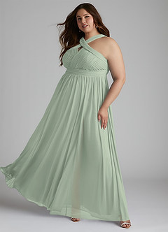 Azazie Hillian Vestidos de damas de honor Vestido de Salvia Polvorienta de Malla de Corte en A con Halter Plisado image11