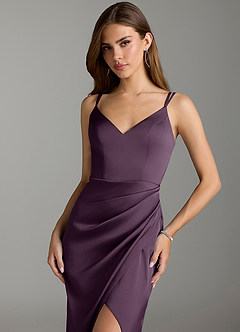 Azazie Leo Bridesmaid Dresses Plum Sheath Pleated Stretch Satin Dress image5