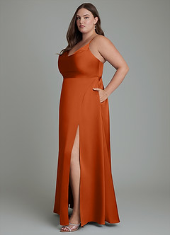 Azazie Sarella Bridesmaid Dresses Burnt Orange A-Line Pleated Stretch Satin Dress image12