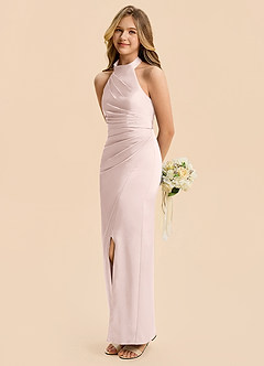 Azazie Jemma Junior Blushing Pink Sheath Ruched Stretch Satin Dress image5