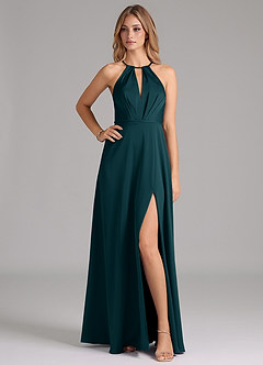 Azazie Evalleen Bridesmaid Dresses Pine A-Line Pleated Stretch Satin Dress image1