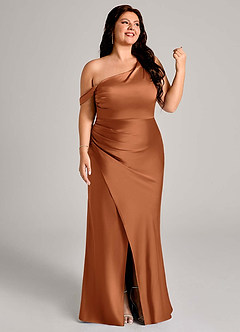 Azazie Madelyn Bridesmaid Dresses Copper Mermaid One Shoulder Stretch Satin Convertible Dress image13