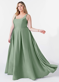 Azazie Neve Prova klänningar hemma Klänning av Balklänning i Stretch Satin med fickor Matcha image9
