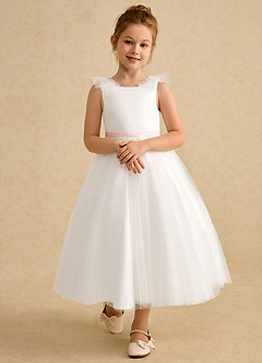 Azazie Amber Flower Girl Dresses Ivory Blushing Pink A-Line Bow Tulle Dress image4