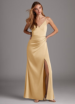 Azazie Shania Brautjungfernkleider Etui V-Hals Gefaltet Stretch-Satin Kleid Gold image3