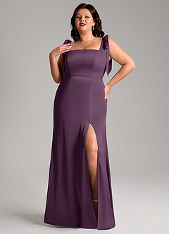 Azazie Frostine Bridesmaid Dresses Plum A-Line Bow Stretch Satin Dress image7