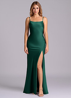 Azazie Kimberly Vestidos de damas de honor Vestido de Esmeralda de Satén Elástico de Corte Recto con Lazo image4