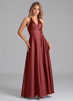 Azazie Tessie At-home Try On Dresses Terracotta A-Line Pleated Stretch Satin Dress image4