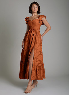 Azazie Anaya Bridesmaid Dresses Burnt Orange A-Line Ruched Floral Burnout Dress image5