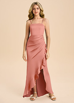 Azazie Buzzy Junior Salmon Pink Sheath Pleated Stretch Satin Dress image3