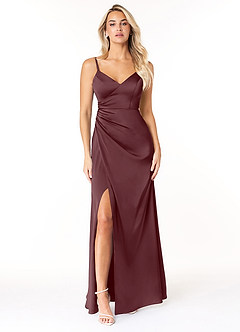 Azazie Marchella Bridesmaid Dresses Sangria A-Line Corset Stretch Satin Dress image1