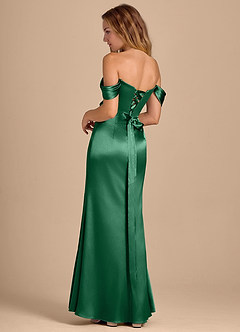 Azazie Shea Bridesmaid Dresses Dark Green Mermaid Off the Shoulder Metallic Satin Convertible Dress image5