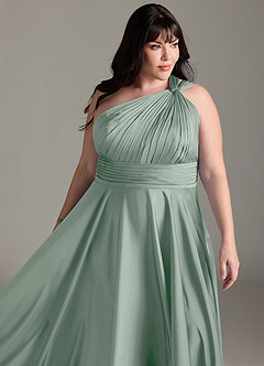 Azazie Charlize Bridesmaid Dresses Agave A-Line One Shoulder Stretch Satin Dress image15