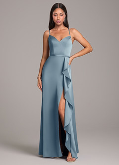 Azazie Naeem At-home Try On Dresses Dusty Blue A-Line Stretch Satin Dress image4