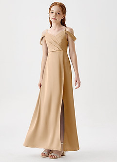Azazie Ocean Junior Gold A-Line Off the Shoulder Stretch Satin Dress image5