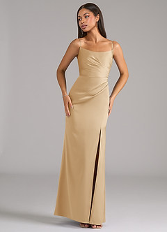 Azazie Marla Bridesmaid Dresses Gold Sheath Strapless Stretch Satin Convertible Dress image7