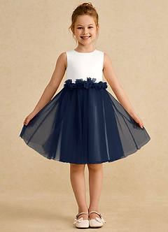 Azazie Louisa Abiti da Ragazza di Fiori Abito A-Line in Tulle Senza Maniche Avorio Blu Scuro image1