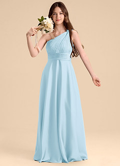 Azazie Charlize Junior Vestido de Azul Cielo de Satén Elástico de Corte en A con Plisado image6