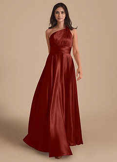 Azazie Charlize Bridesmaid Dresses Terracotta A-Line One Shoulder Metallic Satin Dress image1