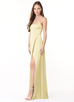 Azazie Halsey Final Sale Lemon Sorbet A-Line Side Slit Stretch Satin Dress image4