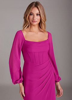 Azazie Charissa Robes de demoiselle d'honneur Robe Fourreau en Mousseline de soie Manche longue Fuchsia image7