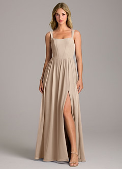 Azazie Rosaline Bridesmaid Dresses Taupe A-Line Side Slit Chiffon Dress image4
