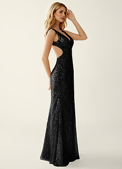 Hazelen Solid Black V-Neck Sequined Lace Tulle Prom Dress image5