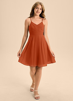 Azazie Avelina Junior Burnt Orange A-Line Pleated Chiffon Dress image3