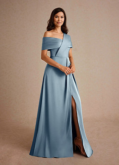 Azazie Milton Mother of the Bride Dresses Dusty Blue A-Line Pleated Stretch Satin Dress image6
